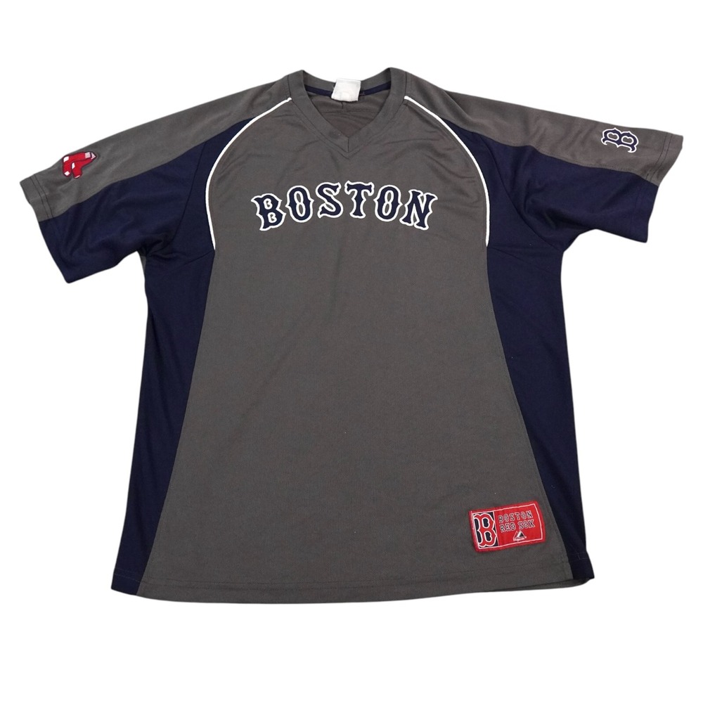 Boston Red Sox Jersey Mens 46 Gray Logos Embroidered MLB V-Neck Majestic VTG